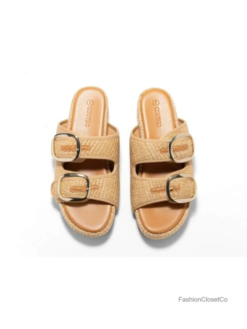 Women's Platform Sandals Raffia Espadrilles Two Band Open Toe Slip On Slides
